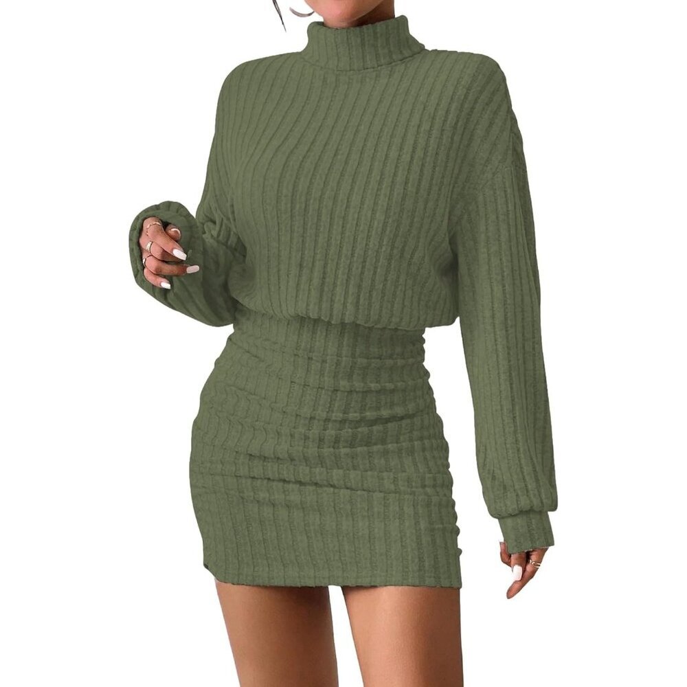 Women Light DarkGreen Long Sleeve Turtle Neck Cute Ribbed Knit Pullover Sweater